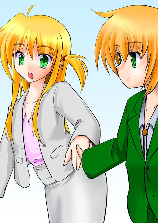 1boy 1girl ahoge alisa_bannings blonde_hair formal green_eyes hand_holding long_hair lyrical_nanoha mahou_shoujo_lyrical_nanoha mahou_shoujo_lyrical_nanoha_strikers suit yuuno_scrya