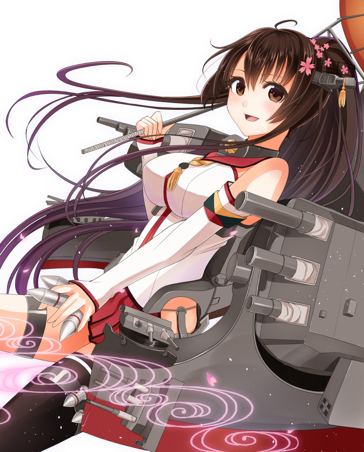 blush breasts brown_eyes brown_hair cherry_blossoms flower hair_flower hair_ornament kantai_collection kentaurosu large_breasts long_hair looking_at_viewer ponytail simple_background solo thighhighs white_background yamato_(kantai_collection)