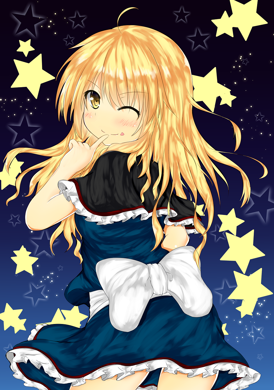ahoge alice_margatroid alice_margatroid_(cosplay) blonde_hair blue_background bow capelet cosplay dress finger_to_mouth heart highres kirisame_marisa long_hair looking_at_viewer looking_back mikagemaru_(mikage000) one_eye_closed smile solo star starry_background touhou yellow_eyes