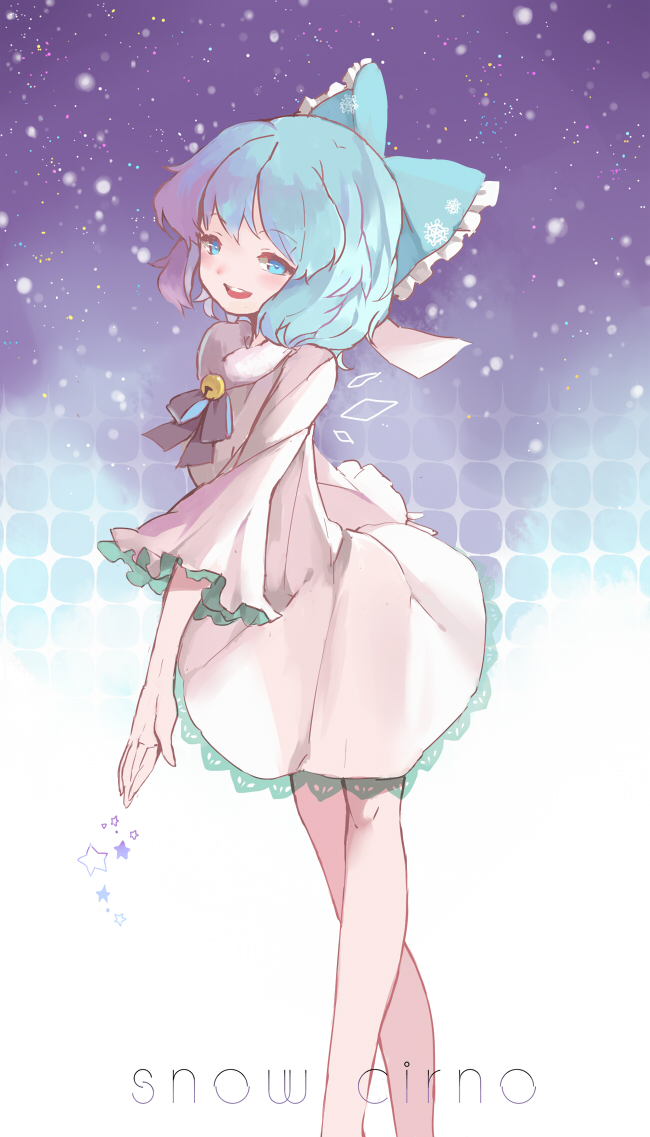 alternate_costume bell blue_eyes blue_hair bow cirno dress english hair_bow hillly_(maiwetea) ice ice_wings open_mouth smile snowing star touhou wings
