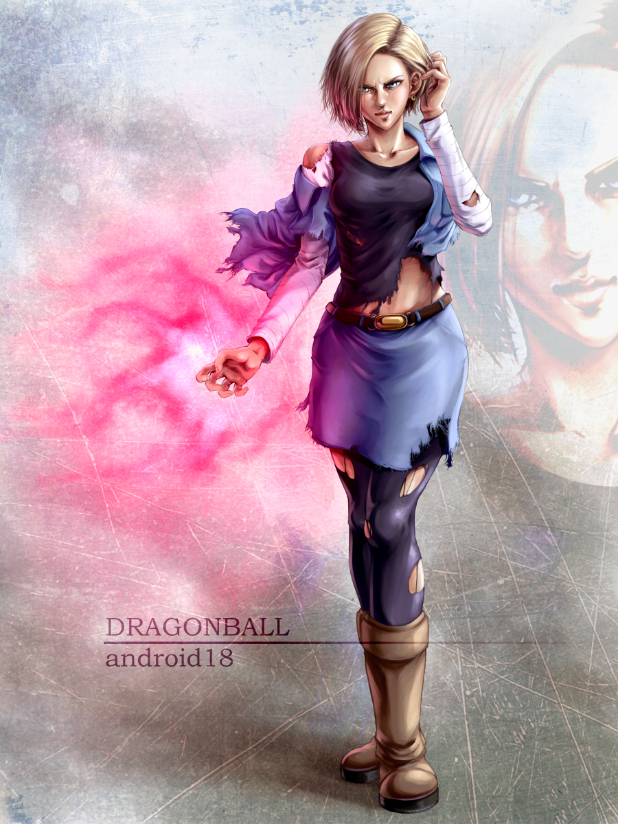 1girl android_18 blonde_hair blue_eyes character_name copyright_name dragon_ball dragonball_z earrings female highres jewelry looking_at_viewer short_hair solo standing torn_clothes zoom_layer