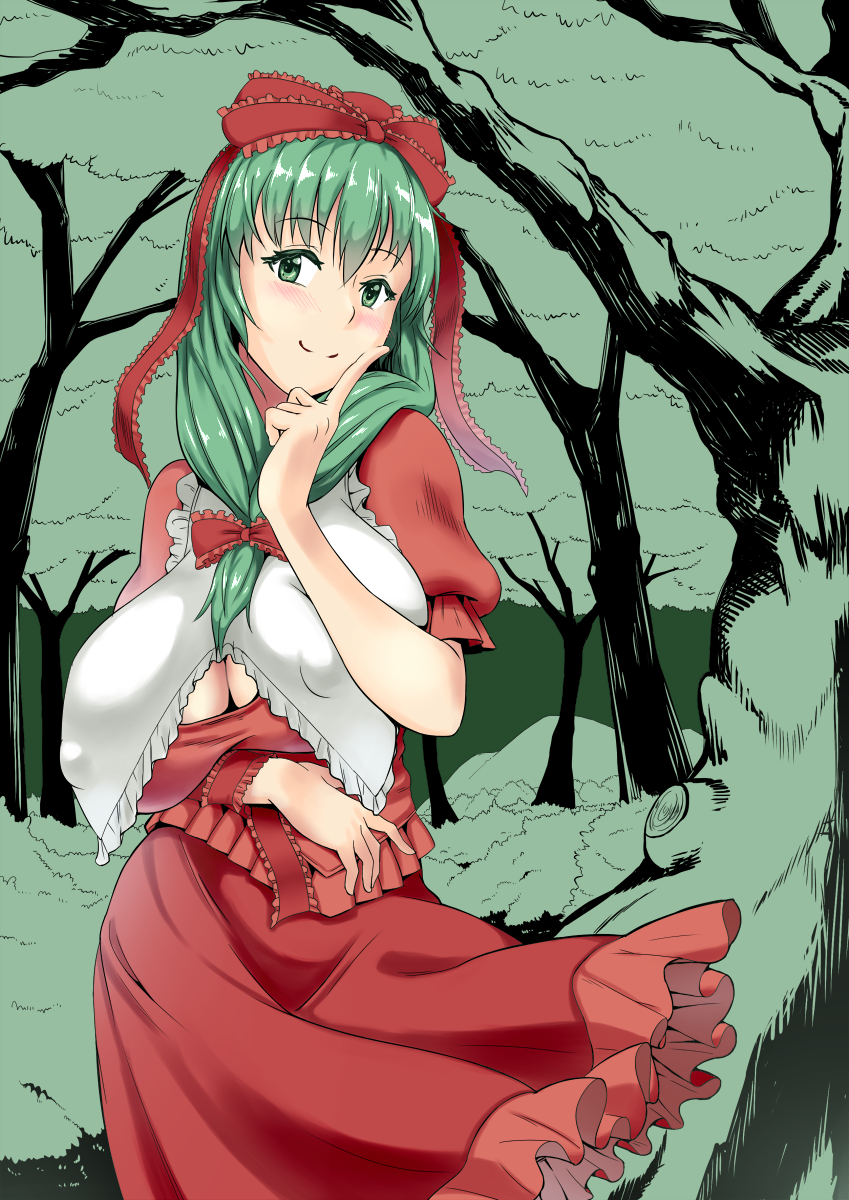 1girl blush breast_hold breasts cleavage dress erect_nipples female finger_to_cheek forest frills front_ponytail green_eyes green_hair highres huge_breasts kagiyama_hina large_breasts long_hair looking_at_viewer nature puffy_nipples puffy_sleeves ribbon smile solo suica_kkk touhou