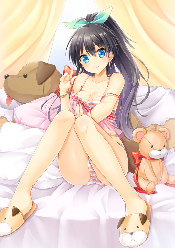 animal_slippers black_hair blue_eyes blush breasts camisole cleavage dog_slippers earrings ganaha_hibiki idolmaster idolmaster_(classic) jewelry k.y_ko large_breasts long_hair looking_at_viewer off_shoulder panties ponytail see-through shiny shiny_skin sitting slippers smile solo strap_slip striped striped_panties stuffed_animal stuffed_dog stuffed_toy teddy_bear underwear