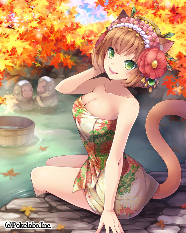 animal animal_ears autumn autumn_leaves breasts brown_hair bucket cat_ears cat_tail cleavage flower green_eyes hair_flower hair_ornament hairband hinariaoba japanese_macaque large_breasts monkey naked_towel onsen original short_hair sitting smile solo tail towel water wooden_bucket