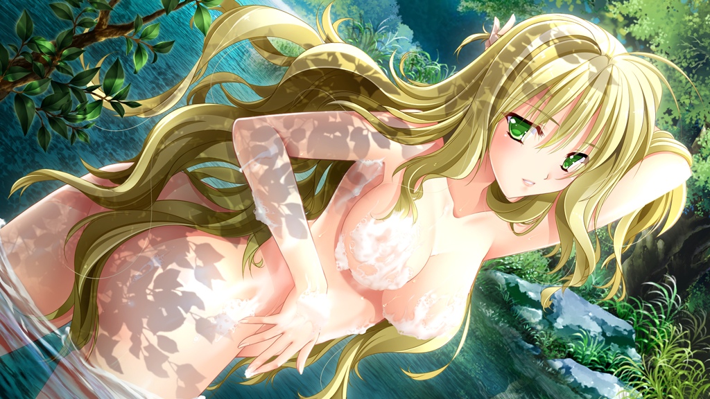 1girl adjusting_hair arms_up ass bath blonde_hair breasts bubble bubbles censored convenient_censoring forest game_cg green_eyes highres legs long_hair looking_away medium_breasts nature nude river senjou_no_folklore:_boukoku_no_kishi_dan smile standing thighs tree trees water wet yamamoto_kazue