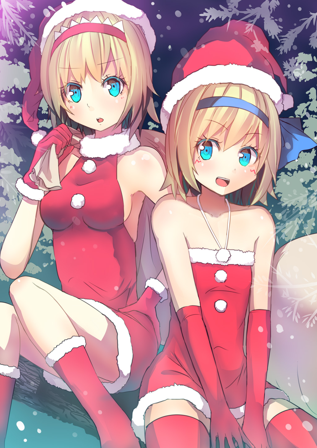 :d alice_margatroid alice_margatroid_(pc-98) bare_shoulders blonde_hair blue_eyes blue_hairband boots censored christmas covering covering_crotch culter dress dual_persona elbow_gloves flat_chest gloves hair_ribbon hairband hat highres in_tree looking_at_viewer multiple_girls open_mouth red_footwear red_gloves red_legwear ribbon sack santa_costume santa_hat sitting sitting_in_tree sleeveless sleeveless_dress smile strapless strapless_dress thighhighs time_paradox touhou touhou_(pc-98) tree upskirt v_arms zettai_ryouiki