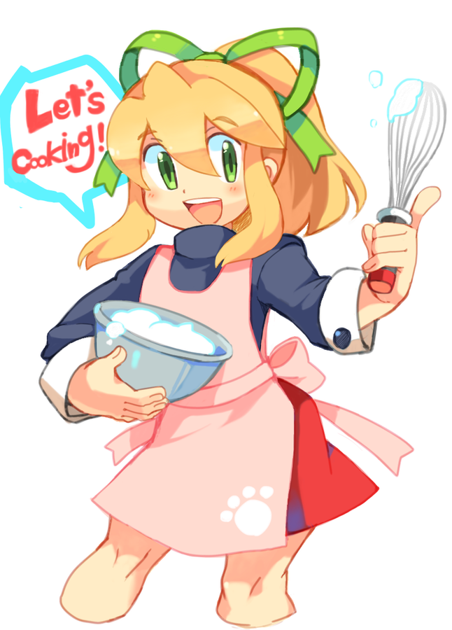 apron blonde_hair engrish green_eyes hair_ribbon iroyopon mixing_bowl ranguage red_skirt ribbon rockman rockman_(classic) roll simple_background skirt whisk