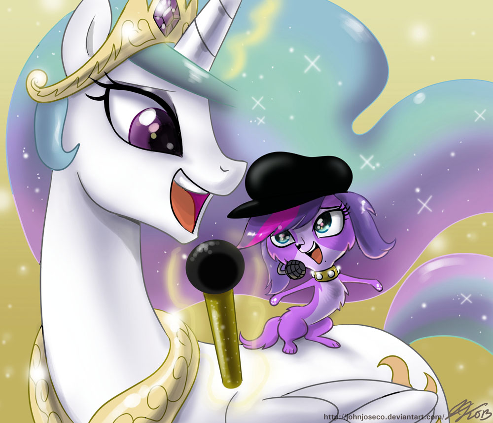 beret canine collar crossover crown cutie_mark equine female friendship_is_magic fur glowing hair hat horn horse john_joseco levitation littlest_pet_shop magic mammal microphone my_little_pony open_mouth pony princess_celestia_(mlp) purple_eyes purple_fur tiara two_tone_hair voice_actor_joke white_fur winged_unicorn wings zoe_trent