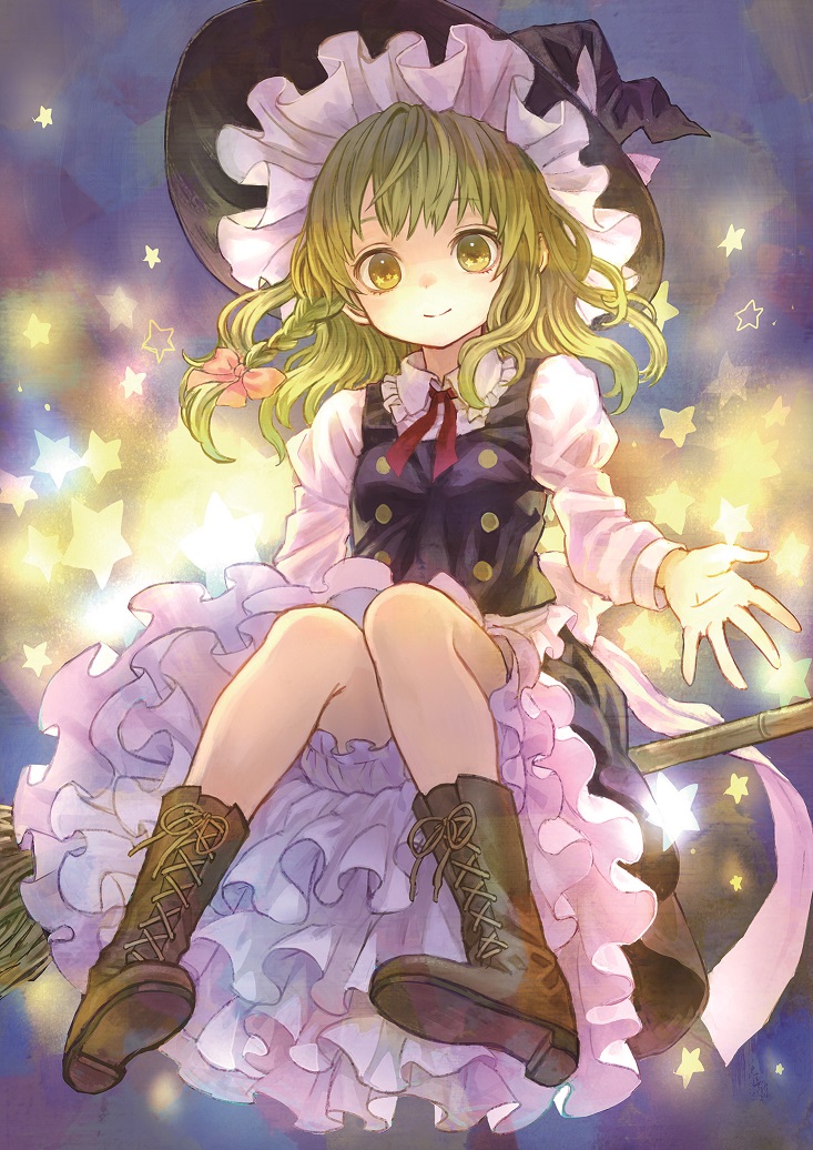 ama-tou black_dress blonde_hair bloomers boots bow braid broom broom_riding cover cover_page cross-laced_footwear dress frills hair_bow hat kirisame_marisa long_sleeves looking_at_viewer outstretched_arm outstretched_hand shirt single_braid smile solo star touhou underwear upskirt witch_hat yellow_eyes