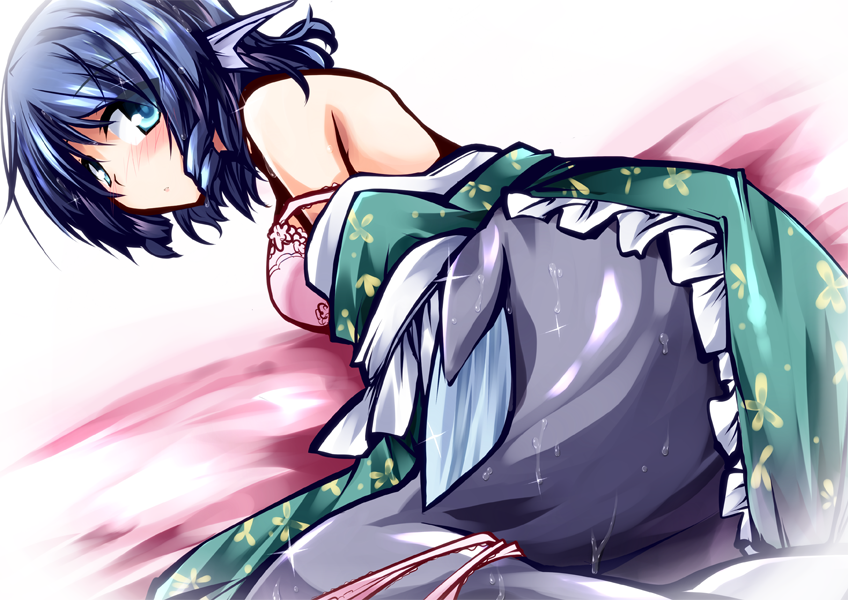 blue_eyes blue_hair blush bra embarrassed head_fins hemogurobin_a1c japanese_clothes kimono looking_at_viewer mermaid monster_girl obi off_shoulder open_clothes open_kimono panties panties_around_ankles panty_pull pink_bra sash solo touhou underwear wakasagihime wet