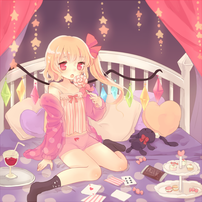 bare_shoulders bed blonde_hair candy card chocolate collarbone cookie cup drinking_glass flandre_scarlet food hair_ribbon heart heart_pillow jacket karunabaru lollipop looking_at_viewer off_shoulder on_bed open_clothes open_jacket open_mouth pillow pink_eyes ribbon side_ponytail sitting sitting_on_bed solo stuffed_animal stuffed_bunny stuffed_toy tiered_tray touhou tray undershirt wariza wine_glass wings