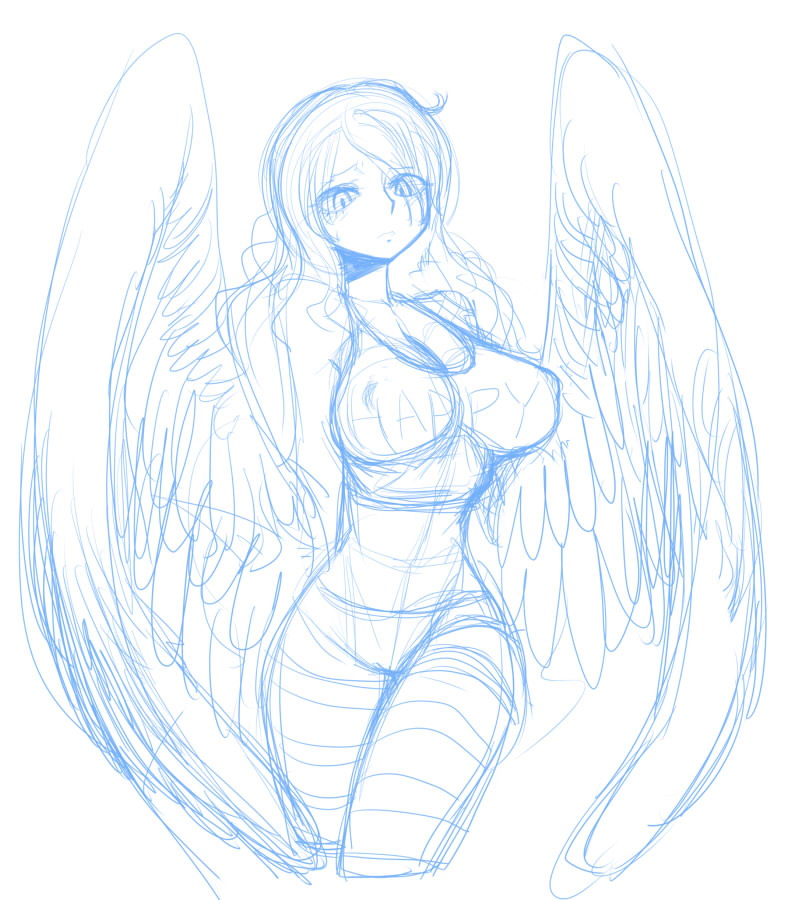 breasts clothes_writing feathered_wings feathers harpy large_breasts long_hair monet_(one_piece) monochrome monster_girl one_piece sketch slender_waist solo space_jin tank_top wings