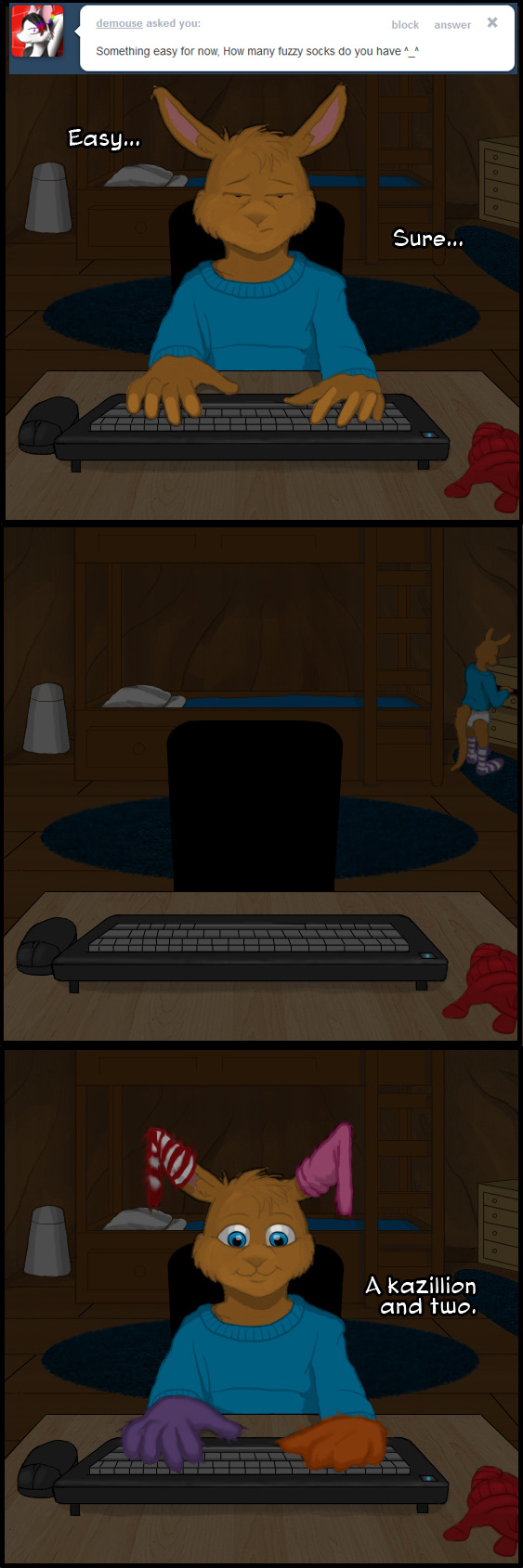 bed bedroom blue_eyes brown_fur bunk_bed chair child clothed clothing comic computer cub dialog english_text fur glove half-dressed joeyboy kangaroo keyboard looking_at_viewer male mammal marsupial sitting smile socks solo standing text tumblr webcam young