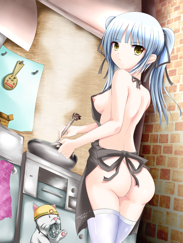 1girl apron ass breasts cat cooking duel_angel female kitchen looking_at_viewer nipples silver_hair solo standing thighhighs twintails yellow_eyes