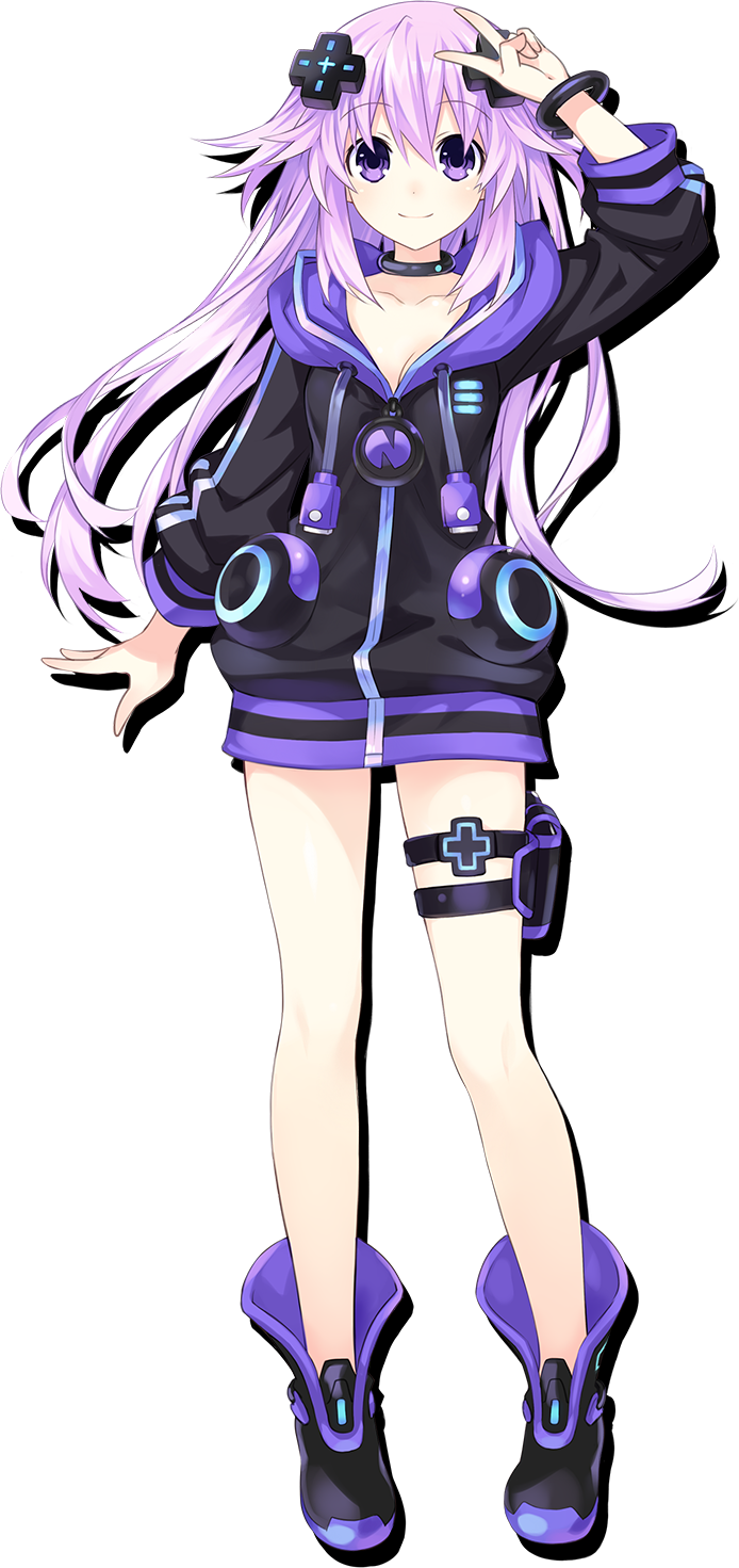 1girl adult_neptune boots bracelet collar collarbone d-pad d-pad_hair_ornament full_body hair_ornament highres hood hooded_track_jacket jacket jewelry long_hair looking_at_viewer neptune_(series) official_art purple_eyes purple_hair shin_jigen_game_neptune_vii smile solo standing thigh_strap track_jacket transparent_background tsunako v