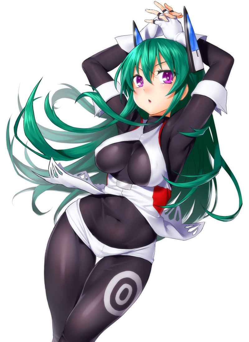 armpits arms_up blush bodysuit breasts covered_navel fingerless_gloves gloves green_hair headgear large_breasts long_hair looking_at_viewer menou_kaname onsoku_maru original purple_eyes robot_ears simple_background solo