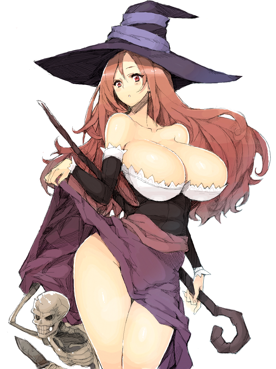 angelo_(gomahangetsu) bare_shoulders breasts brown_hair bursting_breasts cleavage dragon's_crown dress dress_lift hat highres huge_breasts long_hair no_panties red_eyes side_slit skeleton solo sorceress_(dragon's_crown) staff thigh_gap thighs witch_hat