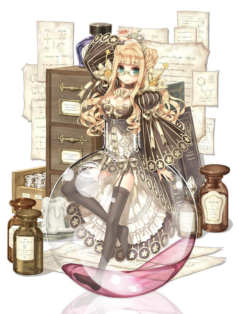 bangs blonde_hair blunt_bangs bottle breasts cleavage dress file_cabinet garter_straps glasses green_eyes kawaku long_hair medium_breasts original paper solo thighhighs tiara vial