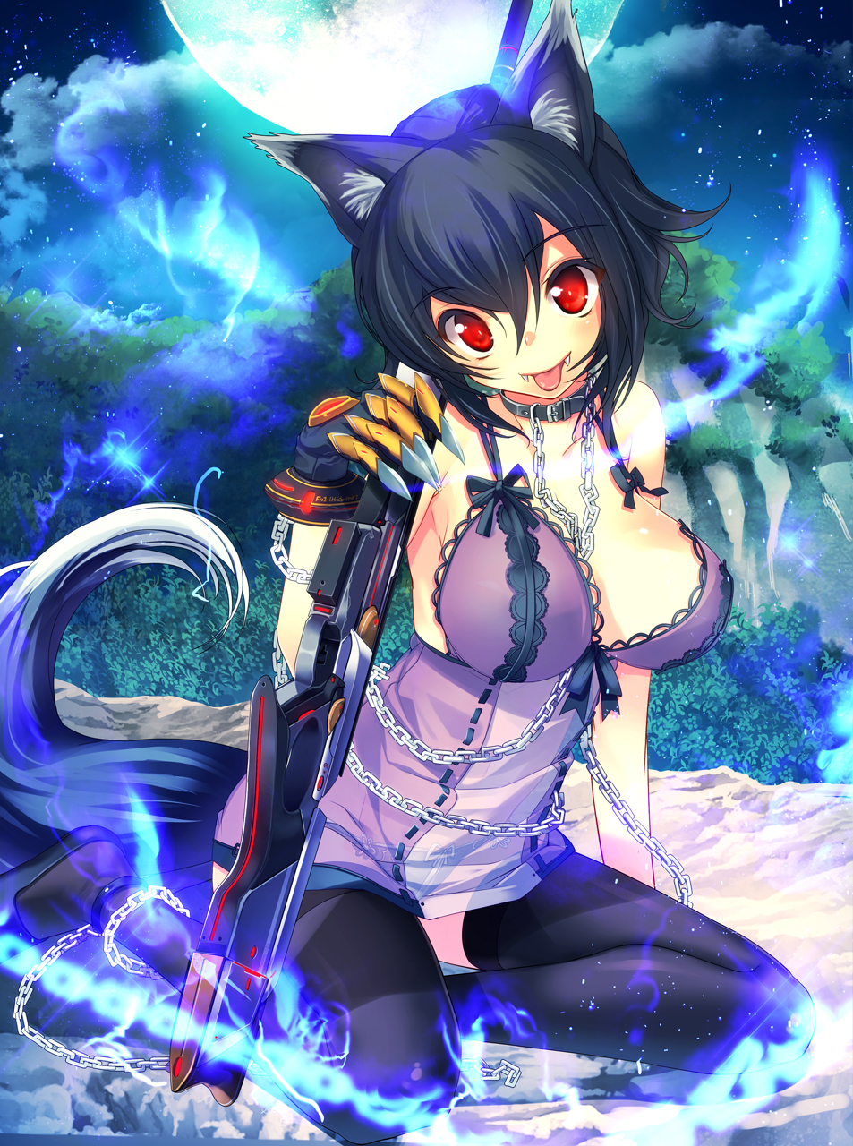 :p animal_ears bad_id bad_pixiv_id black_hair black_legwear blush breasts chain fangs forest full_moon gloves gun highres large_breasts looking_at_viewer moon nature night night_sky original panties red_eyes rifle see-through short_hair sitting sky smile solo tail thighhighs tongue tongue_out underwear weapon wolf_ears wolf_tail yamacchi yokozuwari