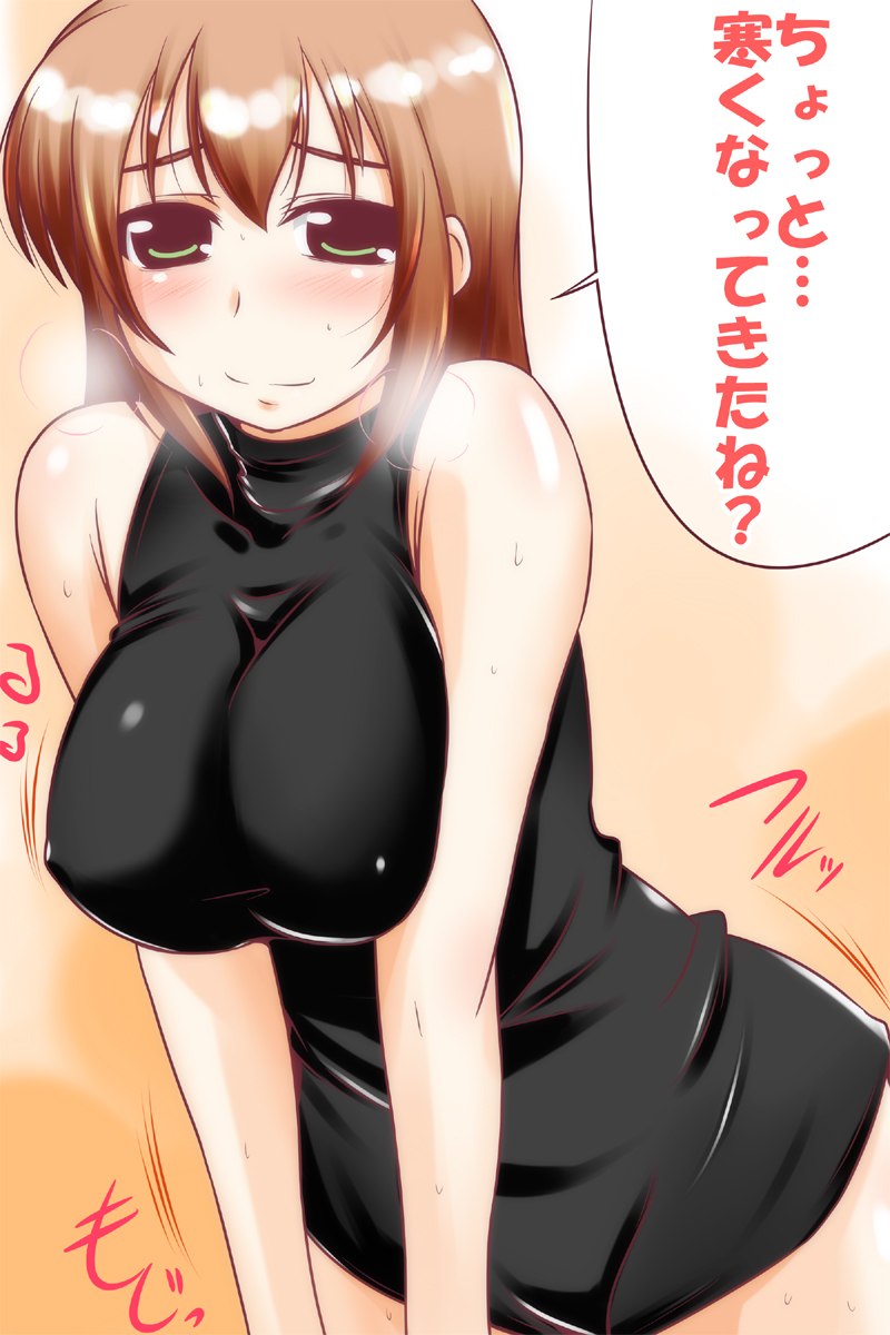 bare_arms bare_shoulders blush bottomless breast_squeeze breasts brown_hair covered_nipples green_eyes heavy_breathing highres large_breasts looking_at_viewer mature naked_shirt nishi_koutarou original shirt sleeveless sleeveless_shirt sleeveless_turtleneck smile solo sweat translated turtleneck v_arms