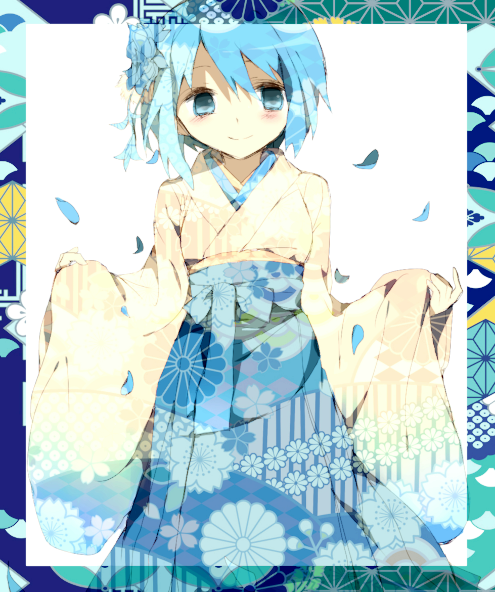 bad_id bad_pixiv_id blue_eyes blue_hair flower hair_flower hair_ornament hiiragi_fuyuki japanese_clothes kimono mahou_shoujo_madoka_magica miki_sayaka obi petals sash short_hair smile solo