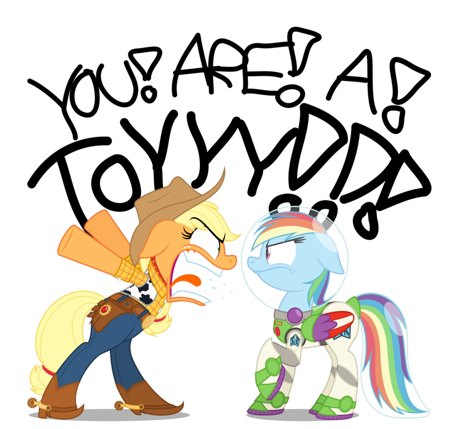 angry applejack_(mlp) buzz_lightyear cowboy_hat english_text equine female friendship_is_magic hat horse my_little_pony pegasus pony rainbow_dash_(mlp) text toy_story wings woody yelling zutheskunk