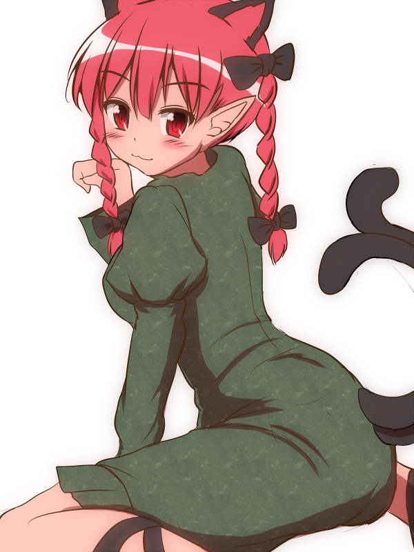 :3 animal_ears blush bow braid cat_ears cat_tail closed_mouth dress extra_ears from_behind green_dress hair_bow honda_takaharu juliet_sleeves kaenbyou_rin long_sleeves looking_at_viewer looking_back multiple_tails paw_pose pointy_ears puffy_sleeves red_eyes red_hair short_hair simple_background sitting solo tail touhou twin_braids wariza white_background