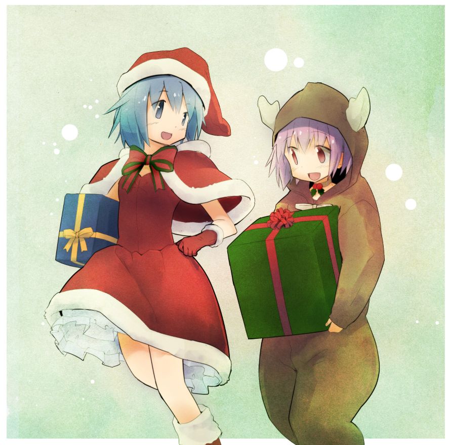 animal_costume anshinmama blue_eyes blue_hair capelet carrying choker christmas dress frills gift hat hood kaname_madoka mahou_shoujo_madoka_magica miki_sayaka multiple_girls pink_eyes pink_hair reindeer_costume santa_costume santa_hat short_hair