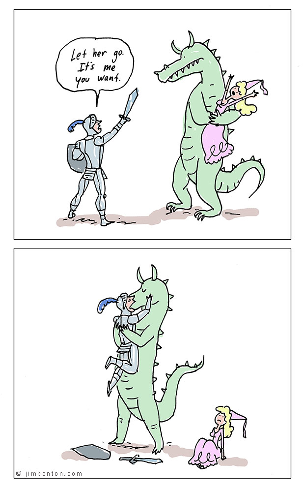 armor comic dragon female human interspecies jim_benton kissing knight male mammal plain_background princess royalty size_difference sword text weapon white_background
