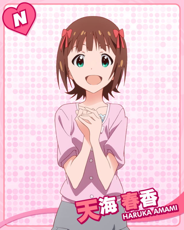 :d amami_haruka brown_hair character_name green_eyes hair_ornament hands_on_own_chest hands_together idolmaster idolmaster_(classic) idolmaster_million_live! looking_at_viewer official_art open_mouth ribbon short_hair smile