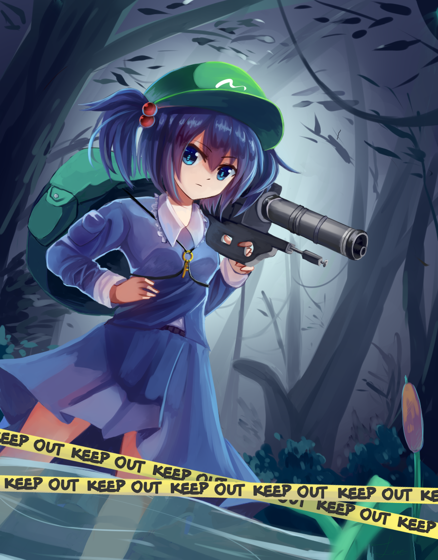 blue_eyes blue_hair cattail caution_tape dress forest gun hair_bobbles hair_ornament hat kawashiro_nitori keep_out long_sleeves looking_at_viewer nature plant rukuluc shirt short_hair short_twintails skirt skirt_set solo touhou tree twintails two_side_up water weapon