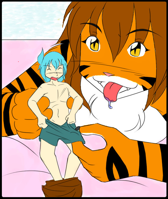 breasts brown_hair clothing feline female flora_(twokinds) fur hair human keidran long_hair male mammal nude open_mouth orange_fur size_difference stripes tiger tom_fischbach tongue tongue_out tuft twokinds white_fur xbox360720