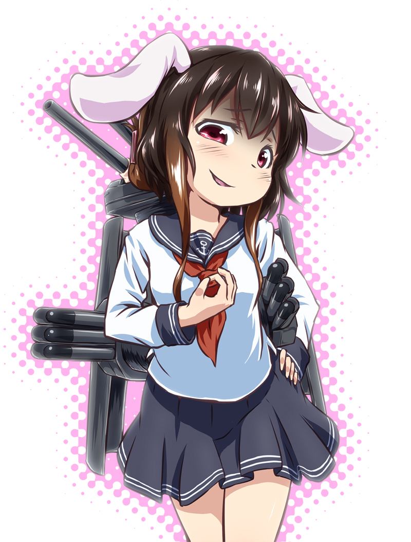 animal_ears bunny_ears cannon commentary cosplay folded_ponytail gradient_hair halftone halftone_background hand_on_hip head_tilt inaba_tewi inazuma_(kantai_collection) inazuma_(kantai_collection)_(cosplay) kantai_collection kusaba_(kusabashiki) long_hair looking_at_viewer money_gesture multicolored_hair neckerchief red_eyes school_uniform serafuku smirk solo torpedo touhou white_background