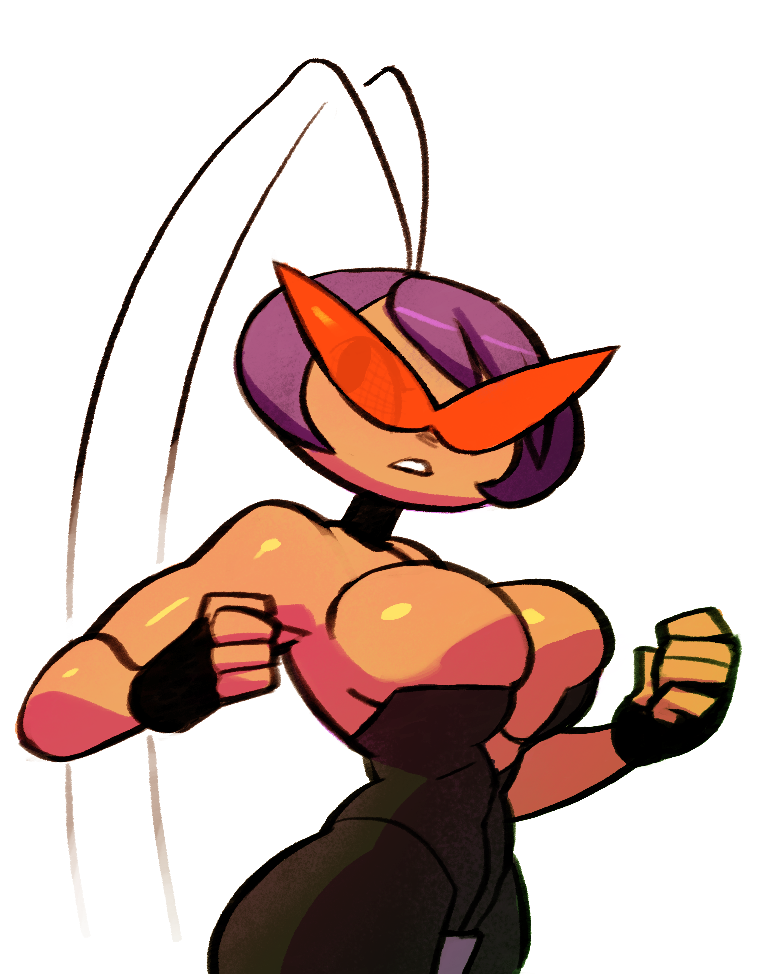 antennae bad_id bad_tumblr_id bare_shoulders black_torch bodysuit breasts choker clenched_hands fallout_(black_torch) fingerless_gloves gloves impossible_clothes kamina_shades large_breasts noill pantyhose purple_hair short_hair solo