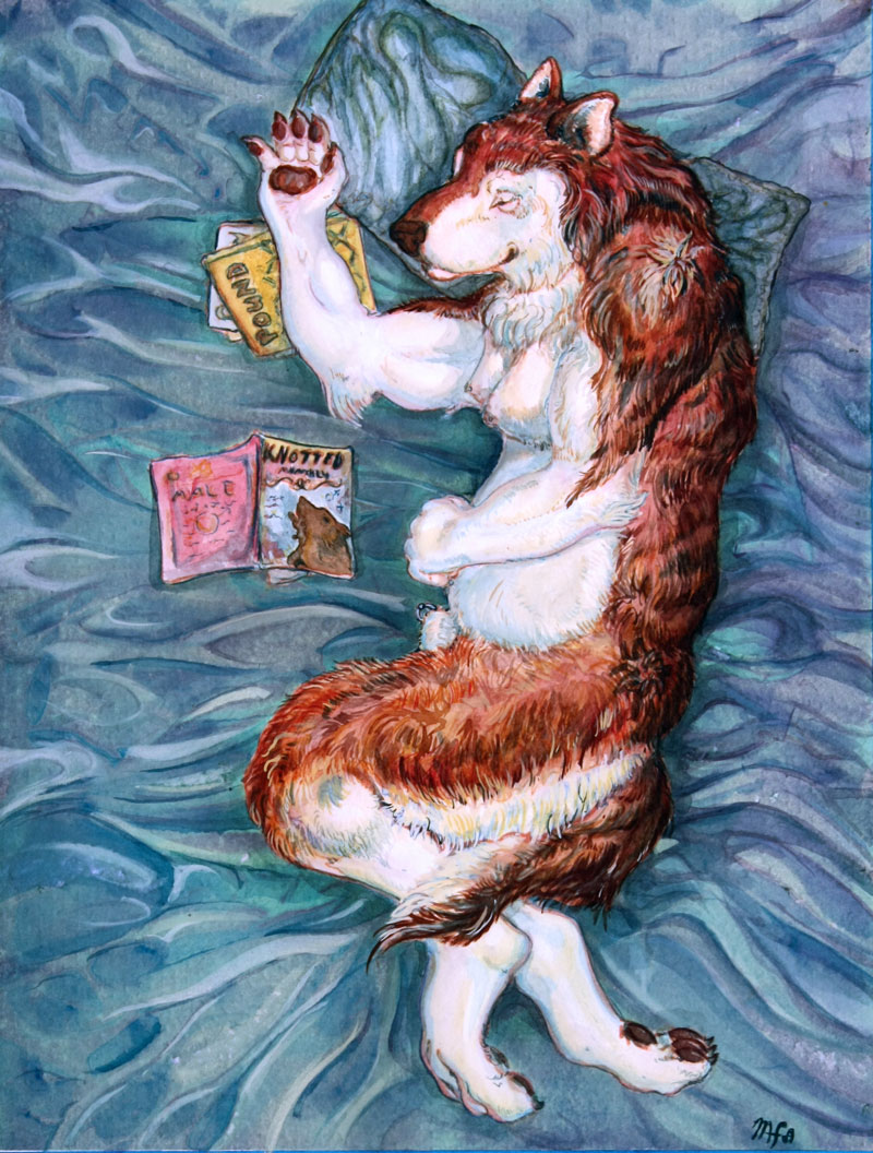 bed belly canine chubby dog english_text eyes_closed fur furry-specific_piercing genital_piercing lying magazine magazine_cover malamute male mammal moobs mulefoot nipples nude overweight piercing pillow pornography sheath sheath_piercing sheet sleeping solo text