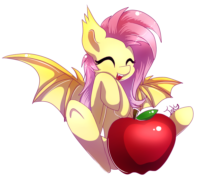 apple bat_pony bat_wings equine eyes_closed fangs female feral flutterbat_(mlp) fluttershy_(mlp) friendship_is_magic fruit fur hair horse inky-pinkie long_hair mammal my_little_pony open_mouth pegasus pink_hair plain_background pony sitting solo teeth transparent_background wings yellow_fur