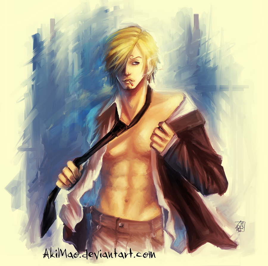1boy abs akimao blonde_hair blue_eyes cigarette hair_over_one_eye male male_focus necktie one_piece open_clothes open_shirt sanji shirt smoking solo undressing