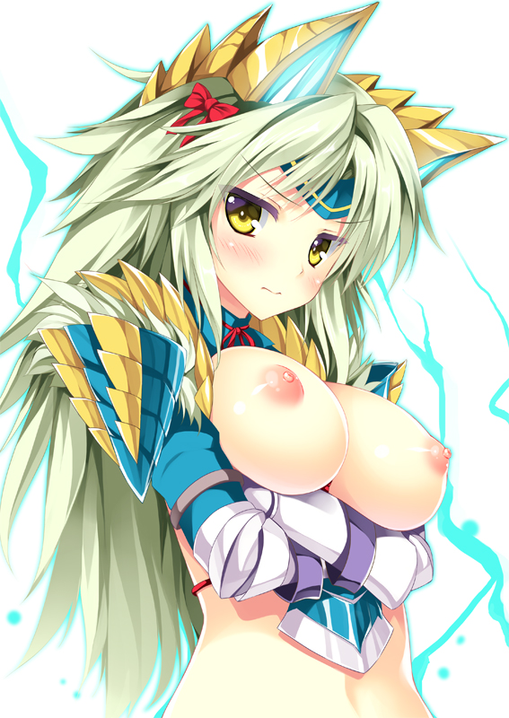 3: animal_ears blonde_hair blush breast_hold breasts hair_ornament hair_ribbon large_breasts long_hair monster_hunter monster_hunter_4 nipples ribbon solo tateha_(marvelous_grace) upper_body v-shaped_eyebrows yellow_eyes zinogre_(armor)