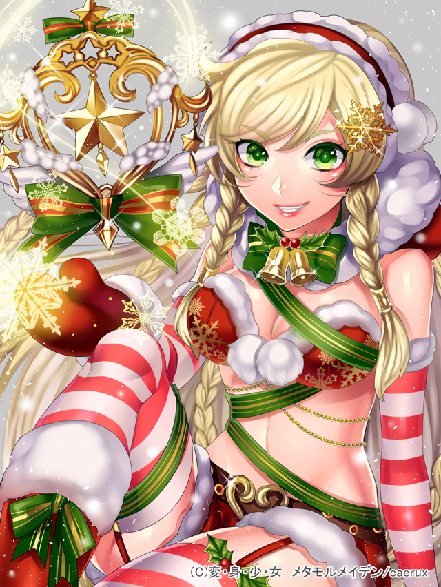 bell belt blonde_hair boots braid christmas elbow_gloves fur_trim garter_straps gloves green_eyes grin hair_ornament hairband heart hen-shin-shou-jo_metamol_maiden holly hood long_hair matsurika_youko mittens official_art short_shorts shorts smile snowflake_hair_ornament solo star striped striped_legwear thighhighs twin_braids