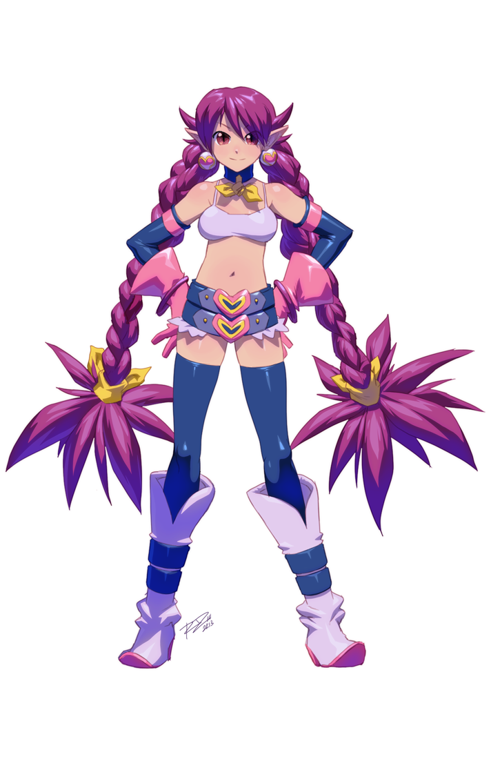 belt beltskirt black_legwear boots braid breasts crop_top detached_sleeves disgaea etna fusion gloves hair_ribbon hands_on_hips knee_boots long_hair looking_at_viewer midriff navel pink_gloves pointy_ears purple_eyes purple_hair rebecca_streisand ribbon robert_porter shiny shiny_skin signature skindentation slit_pupils small_breasts smile tank_top thighhighs twin_braids twintails very_long_hair wild_arms wild_arms_5