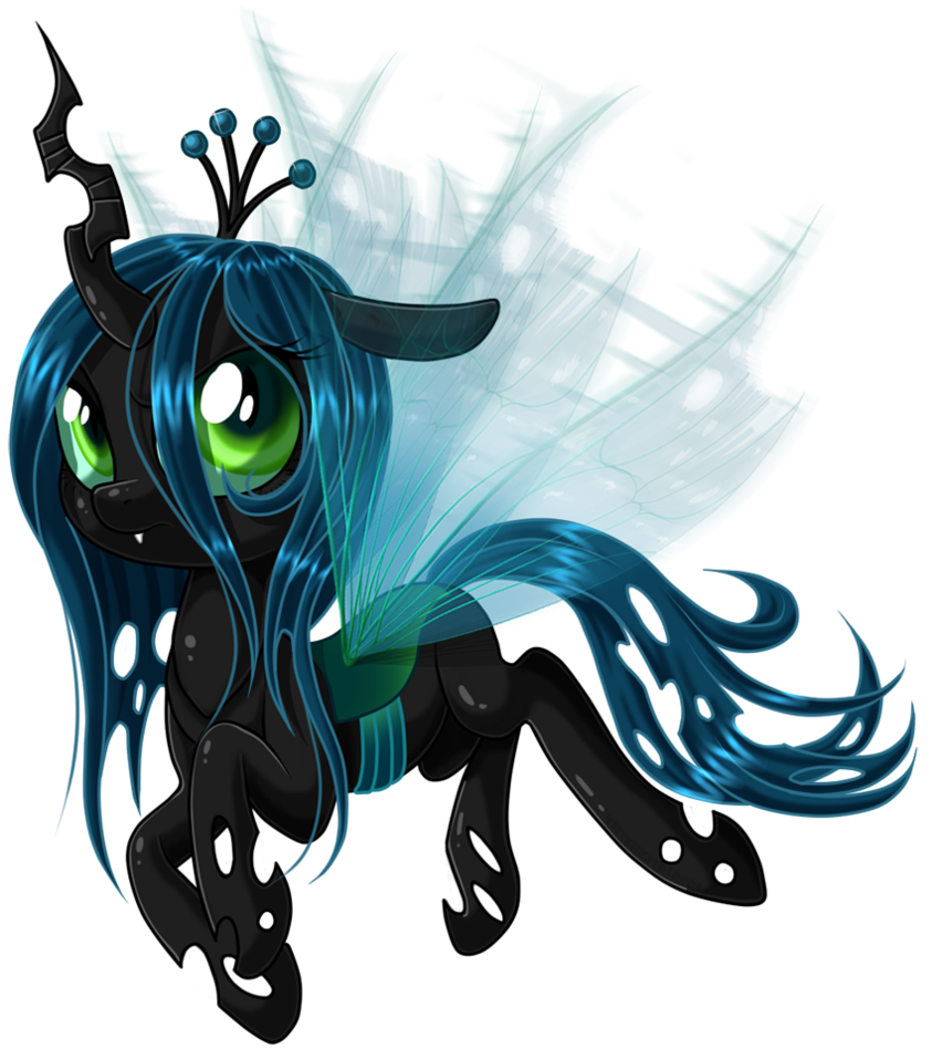 ambiguous_gender black_shell black_skin blue_hair changeling cute fem feral flying friendship_is_magic green_eyes hair horn long_hair looking_at_viewer my_little_pony plain_background queen queen_chrysalis_(mlp) royalty smile transparent_background unknown_artist wings