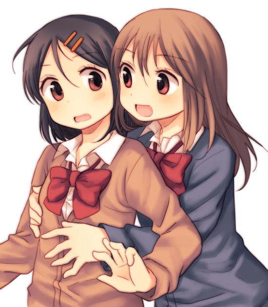:d bangs black_hair bow bowtie breast_grab brown_hair cardigan eyebrows_visible_through_hair grabbing hachiko_(hati12) hair_between_eyes hair_ornament hairclip hand_on_another's_chest hand_on_another's_stomach happy hug hug_from_behind long_hair long_sleeves looking_at_another multiple_girls open_mouth original red_eyes red_ribbon ribbon school_uniform short_hair simple_background smile upper_body wavy_mouth white_background yuri