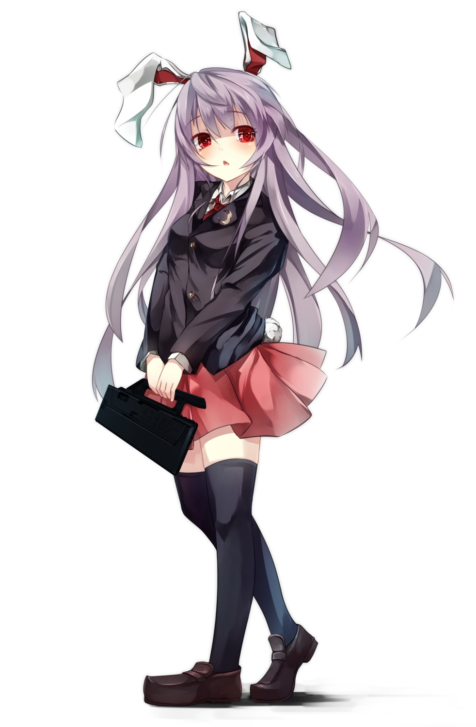 animal_ears black_hair bunny_ears bunny_tail crescent gorilla_(bun0615) gun highres jacket long_hair long_sleeves looking_at_viewer magpul_fmg-9 necktie open_mouth purple_hair red_eyes reisen_udongein_inaba shaded_face shirt simple_background skirt solo submachine_gun tail thighhighs touhou v_arms very_long_hair walking weapon white_background zettai_ryouiki