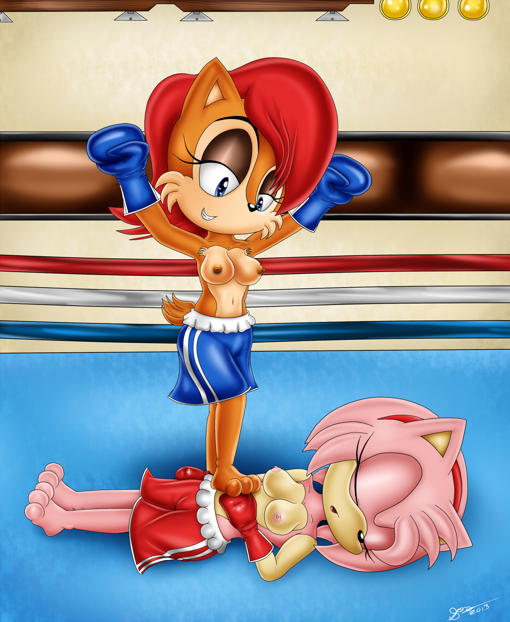 acorn amy amy_rose bigdon1992 blue_eyes blush boxing breasts female fight flower fur gloves hedgehog knock_out knockout mammal nipples ravensfan00 rose sally sally_acorn sega sonic_(series) standing topless video_games