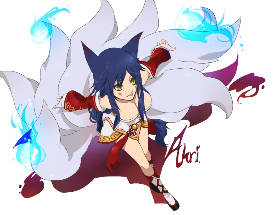 ahri animal_ears black_hair blue_fire breasts character_name cleavage facial_mark fire fox_ears fox_tail kakip large_breasts league_of_legends long_hair shadow simple_background solo tail white_background yellow_eyes