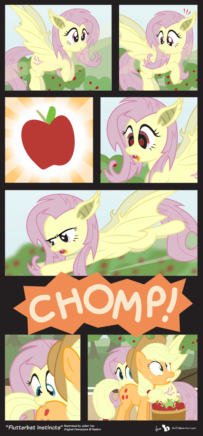 applejack_(mlp) bat_pony bat_wings bite blonde_hair blue_eyes comic cowboy_hat cutie_mark dialog dm29 english_text equine fangs female feral flutterbat flutterbat_(mlp) fluttershy_(mlp) flying freckles friendship_is_magic fruit fur green_eyes hair hat horse long_hair looking_back mammal my_little_pony open_mouth orange_fur outside pegasus pink_hair pony red_eyes teeth text tongue tree wings yellow_fur