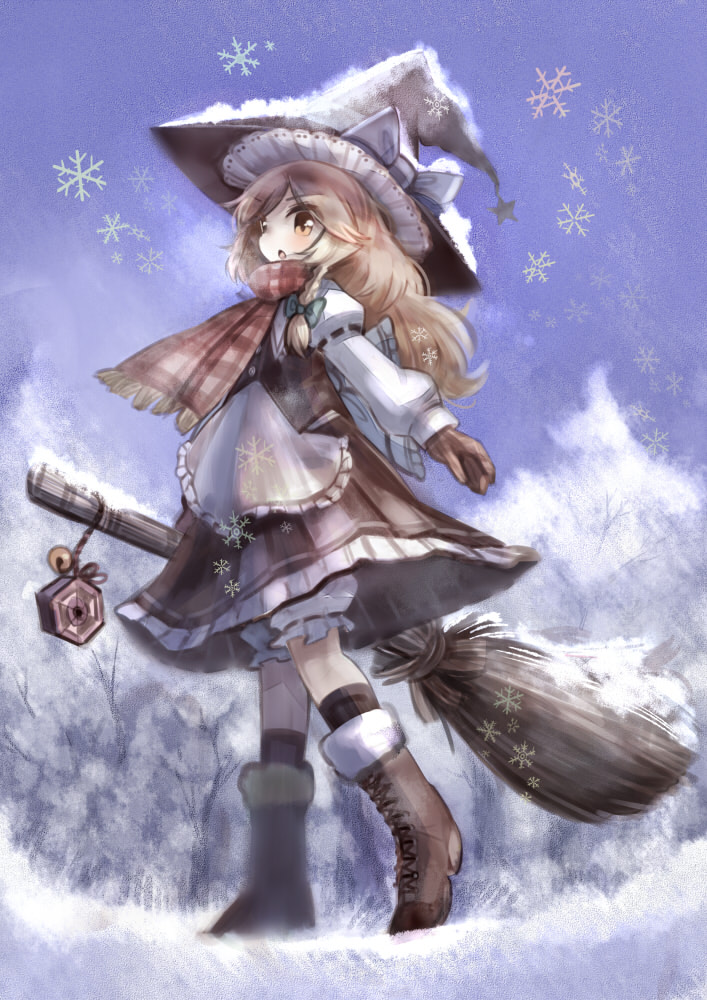 apron bamboo_broom blonde_hair bloomers blue_sky boots bow braid broom brown_gloves cross-laced_footwear day from_below gloves hat hat_bow juliet_sleeves kirisame_marisa long_hair long_sleeves mini-hakkero open_mouth outdoors puffy_sleeves scarf shirt single_braid skirt skirt_set sky snow snowflakes snowing solo touhou tree uma_(ninjin_misaki) underwear upskirt vest waist_apron white_bow winter winter_clothes witch_hat yellow_eyes
