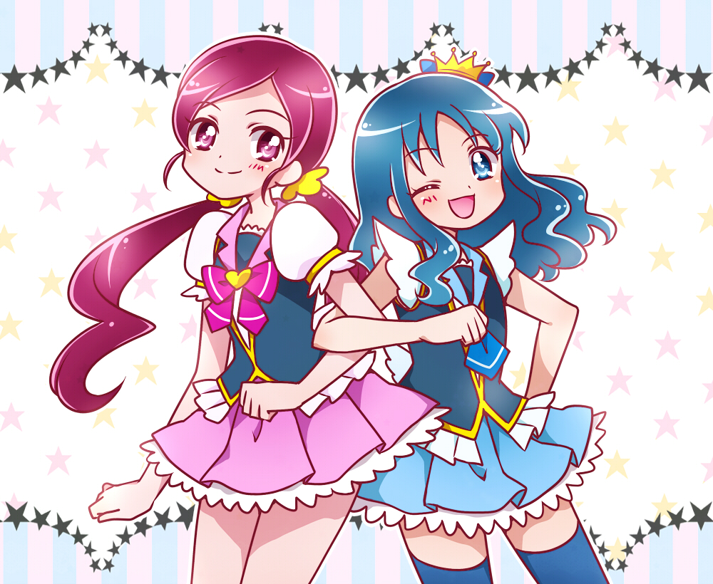 ;d blue_eyes blue_hair blue_legwear blue_skirt blush bow color_connection cosplay crown cure_lovely cure_lovely_(cosplay) cure_princess cure_princess_(cosplay) hanasaki_tsubomi happinesscharge_precure! heartcatch_precure! kagami_chihiro kurumi_erika locked_arms long_hair magical_girl mini_crown multiple_girls one_eye_closed open_mouth pink_bow pink_eyes pink_hair pink_skirt precure ribbon skirt smile thighhighs twintails zettai_ryouiki