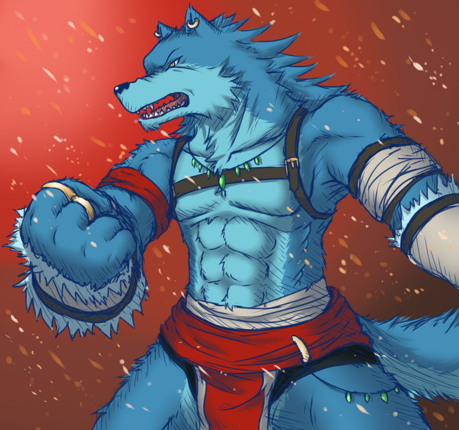 anthro bandage belt biceps blue_fur blue_nose canine clothing ear_piercing fangs fur jewelry male mammal muscles necklace open_mouth pecs piercing pose ring shinodahamazaki solo standing teeth toned tongue topless wolf yellow_eyes