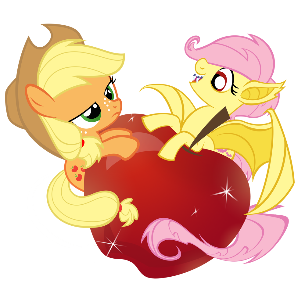 alpha_channel apple applejack_(mlp) bat_pony bat_wings blonde_hair braces cowboy_hat cutie_mark duo equine fangs female flutterbat_(mlp) fluttershy_(mlp) freckles friendship_is_magic fruit hair hat mammal my_little_pony pegasus pink_hair pixelkitties plain_background red_eyes sharp_teeth shrp_teeth sparkles teeth transparent_background vampire wings young